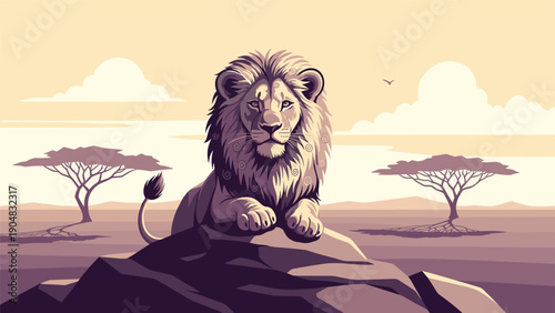 Majestic male lion resting peacefully on a rock in the middle of a vast African savanna landscape during a warm sunset or sunrise.