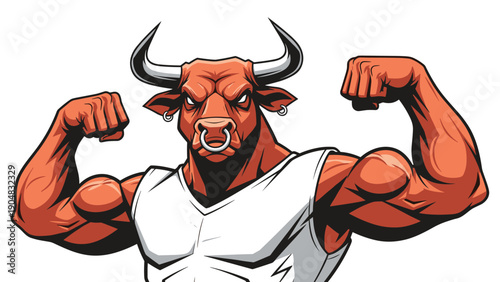 Highly muscular bull humanoid character flexing his massive biceps and showing off his physique while wearing a white tank top.