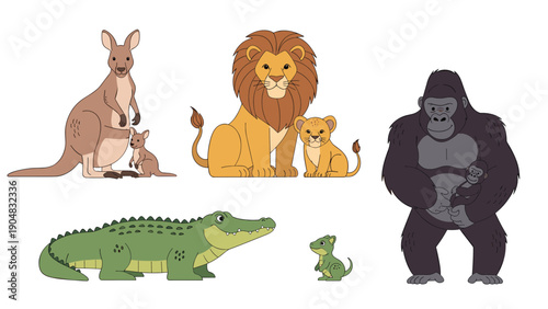 Educational illustration showing different animal parents with their offspring including kangaroo, lion, gorilla, and crocodile families.
