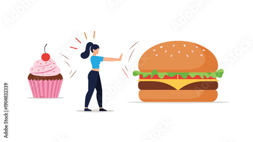 Young woman making a healthy choice by pushing away a large hamburger while looking towards a delicious cupcake on a white background.