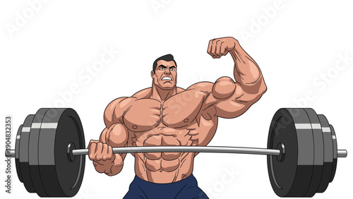 Gigantic muscular bodybuilder with exaggerated proportions lifting a heavy barbell while flexing his biceps and showing intense effort.