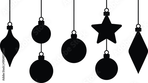 Christmas ornament silhouettes hanging decoration set isolated white background, holiday festive design elements, winter celebration, minimal black illustration
