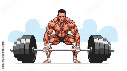 Realistic illustration of a professional bodybuilder in mid lift of a very heavy barbell showing detailed muscle definition and veins.