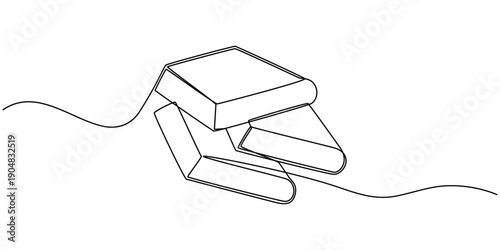 One line drawing of opened book isolated on white background.