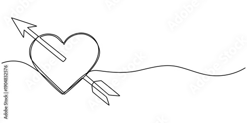Continuous one line of a cupid's arrow piercing a heart, symbolizing love, affection, care, and unity isolated on a white background, drawn vector illustration.
