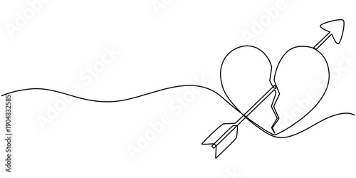 Continuous one line of a cupid's arrow piercing a heart, symbolizing love, affection, care, and unity isolated on a white background, drawn vector illustration.