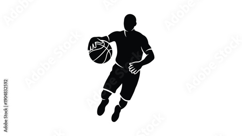a black silhouette of a basketball player dribbling the ball in motion