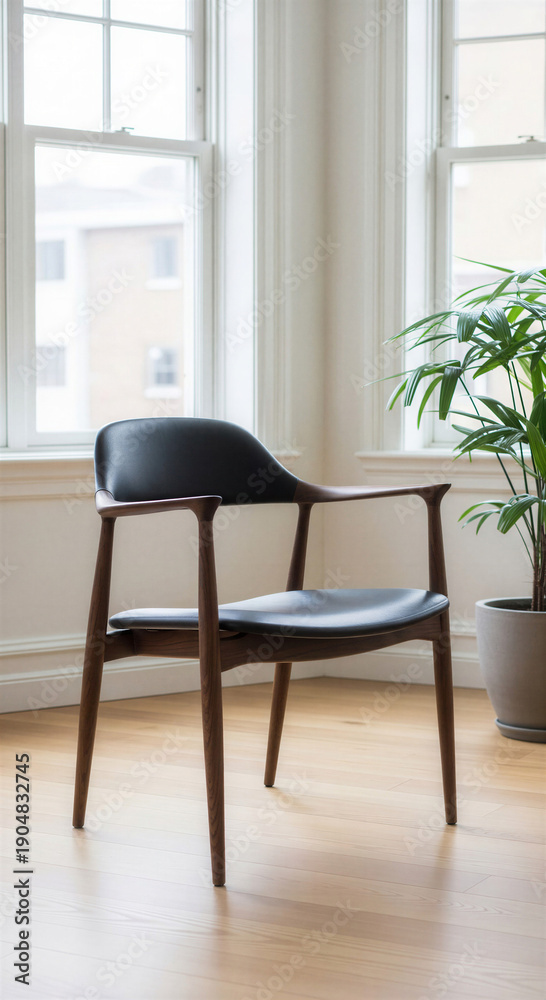Fototapeta premium Stylish wooden chair with leather seat in modern interior, bright space with natural light, copy space