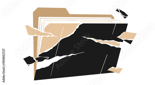 Illustration of a torn folder with jagged edges, isolated on a white background, showcasing a dramatic and abstract design with ripped paper elements