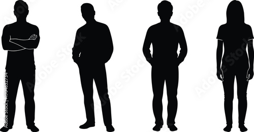 Four people standing in different poses in black silhouettes