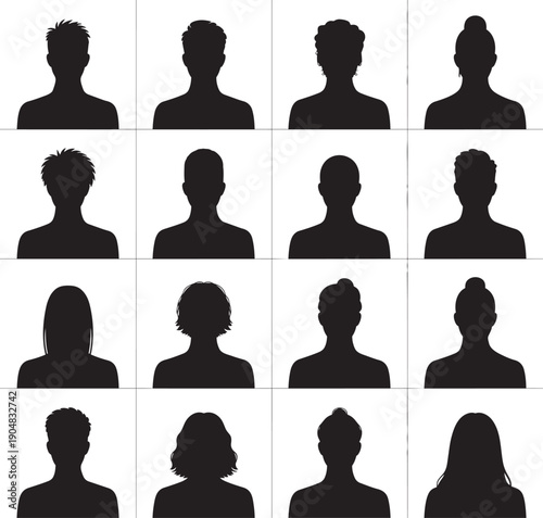 Collection of diverse male and female head and shoulder silhouettes