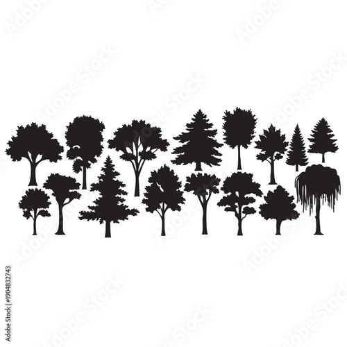Forest line silhouette set with pine trees and leafy shrubs for horizontal landscape compositions and panoramic nature scenes for environmental projects and architectural site plan drawings graphics