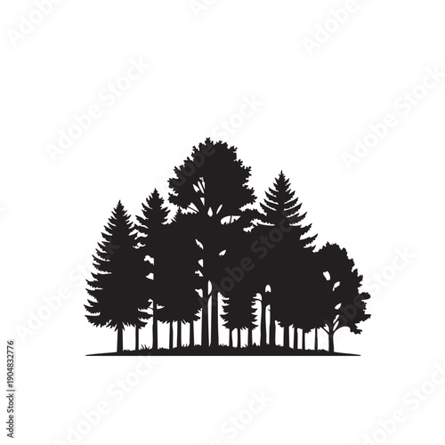 Forest landscape silhouette with various coniferous and deciduous trees grouped together creating woodland horizon line for environmental design project isolated black vector graphics on white base