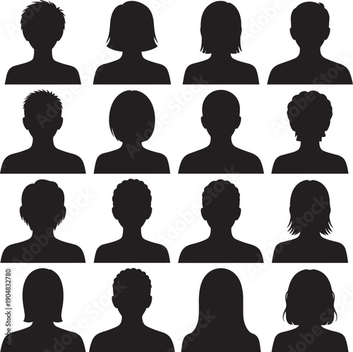 Set of 16 diverse male and female silhouette avatars