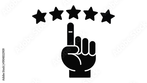 Five star rating icon illustration with hand gesture pointing upward, customer review feedback and quality evaluation concept