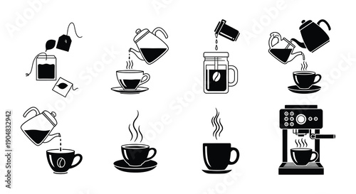 Black and white illustration of various methods for brewing and serving tea and coffee