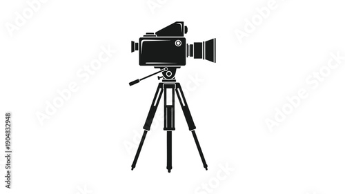 a vintage film camera on a tripod detailed black and white silhouette