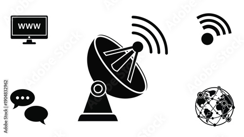 icon set featuring a satellite dish wifi signal computer and globe silhouette