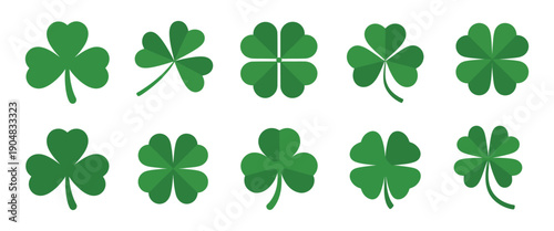 Clover Shamrock Icons nine vibrant green three-leaf and four-leaf designs, vector illustration for holidays, logos, apparel, and invitations.