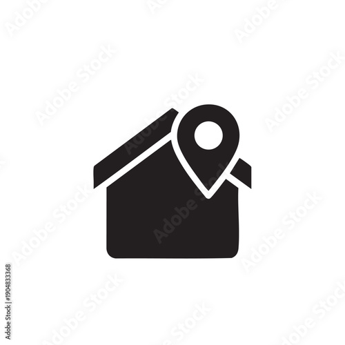 House icon with a location pin marker, symbolizing home address, real estate location, or point of interest on a map, representing finding places and navigation