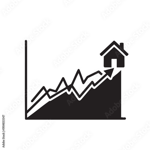 black silhouette of a rising line graph with a house icon at its peak symbolizing increasing property values real estate market growth and appreciating home investments over time