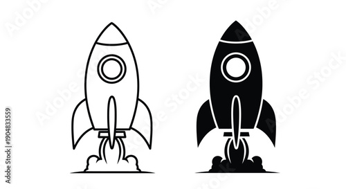 Simple line art illustration of a rocket ship in black and white version