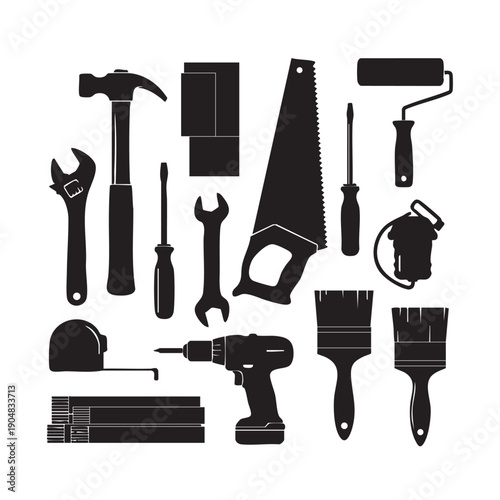 Set of black construction hand tools silhouettes including hammer saw drill wrenches screwdriver tape measure paint brushes and roller for home improvement renovation diy projects and maintenance