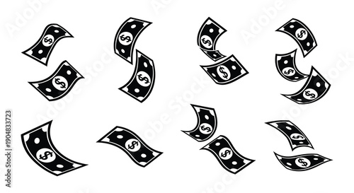 Falling money a collection of black and white dollar bill icons