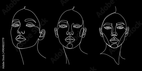 Set of continuous one line drawing bald woman faces. White minimalist portraits sketch on black background. Dark mode beauty vector illustration bundle.