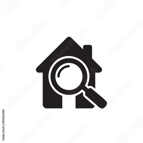 House icon with magnifying glass, real estate search and analysis concept, home inspection and property viewing, vector symbol