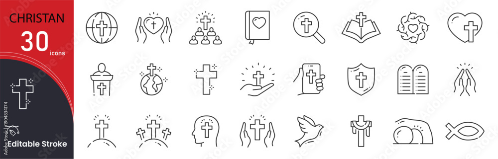 Naklejka premium Christian related icon collections. Containing Cross, Bible, Church, Prayer, Faith, Worship, Angel, Dove, Halo, and Candle icons. Editable Stroke.