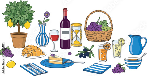 colorful still life with food and drinks on a table