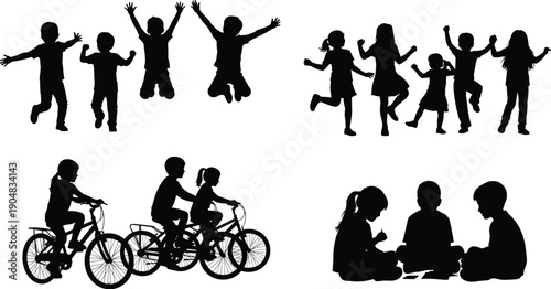 Children silhouettes, playful activity design, childhood joy artwork, biking kids illustration, dancing figures vector, reading group composition, flat sketch style