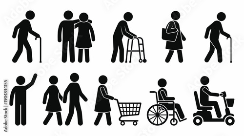 Elderly Life Vector Icons Set | Senior Citizens, Companionship, Mobility Assistance, Wheelchair, Daily Activities, Healthcare, Aging Support, Community Care, Old Age Lifestyle, Retirement Icons Vector