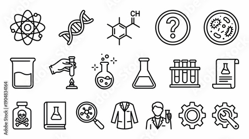 Science Laboratory Vector Icons Set | DNA Helix, Atomic Structure, Chemistry Flasks, Test Tubes, Petri Dish, Scientist, Lab Coat, Magnifying Glass, Research Tools, Molecular Formula Vector