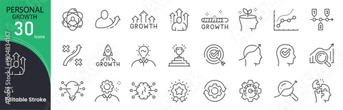 Personal Growth related icon collections. Containing Personal, Growth, Success, Development, Improvement, Goal, Achievement, Motivation, Progress, and Self-Improvement icons. Editable Stroke.
