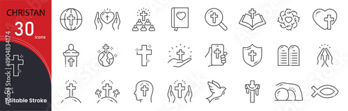 Christian related icon collections. Containing Cross, Bible, Church, Prayer, Faith, Worship, Angel, Dove, Halo, and Candle icons. Editable Stroke.