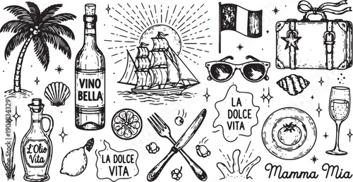 Italian summer vacation travel and food illustration