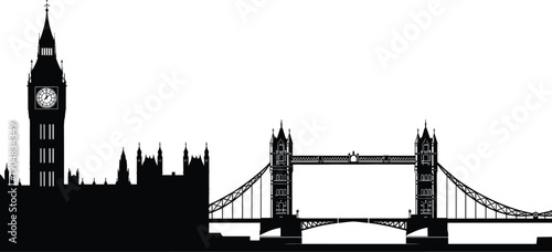 London landmarks silhouette with Big Ben, Palace of Westminster, and Tower Bridge, heritage theme, black vector illustration of British culture