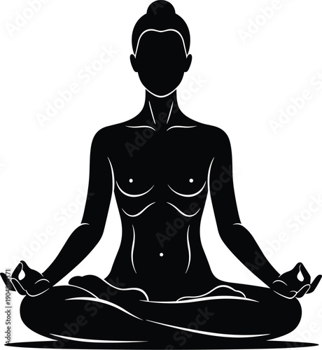 Meditation silhouette in lotus pose, mindfulness, yoga practice, inner peace, black and white vector illustration