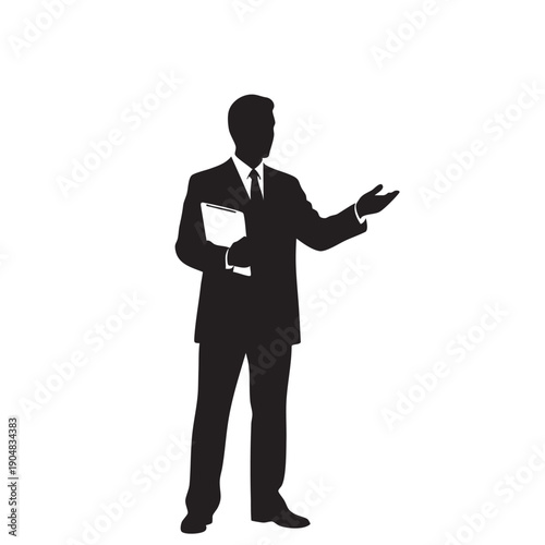 Silhouette of businessman in suit standing and holding document gesturing with hand isolated on white background professional presentation concept
