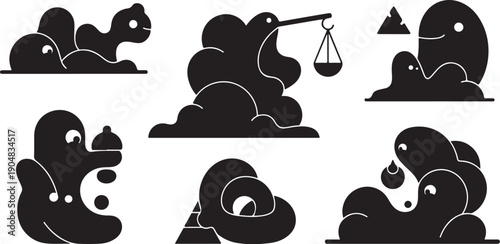 Cartoon blob characters in various poses and emotions depicted