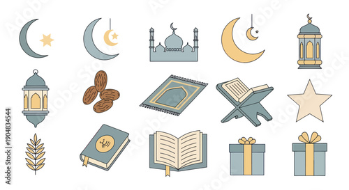 Ramadan Kareem Islamic Icons Set: Moon, Mosque, Quran, Dates, Lantern, Gift, Star