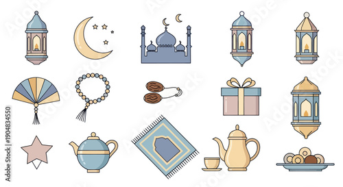 Ramadan Icons Collection: Mosque, Moon, Lanterns, Prayer Mat, Tea Set, Dates, Gift Box