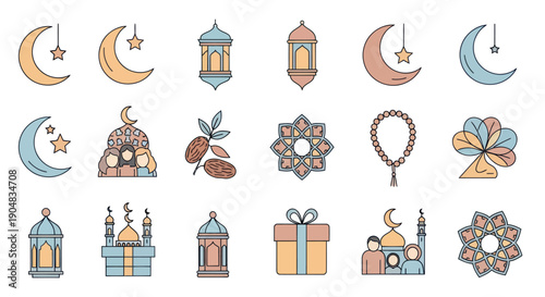 Ramadan Kareem Icons: Crescent Moon, Lanterns, Mosque, Dates, Rosary, Gift, Geometric Pattern