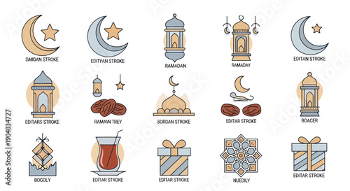 Islamic Holiday Icons: Ramadan, Eid, Moon, Star, Lanterns, Dates, Tea, Gifts