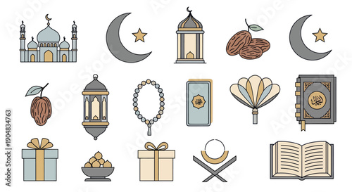Ramadan Icons: Mosque, Crescent Moon, Lantern, Dates, Quran, Prayer Beads, Gift Boxes