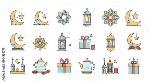 Ramadan Icons: Moon, Lanterns, Gifts, Geometric Patterns, Teapot, Dates