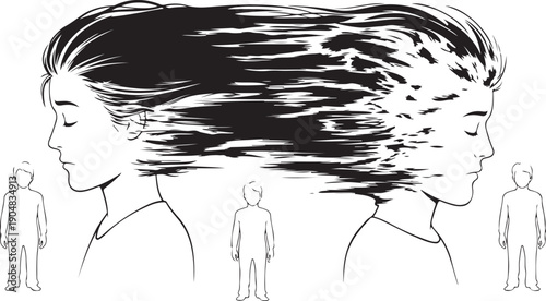Illustration of woman with chaotic hair and crowd anxiety