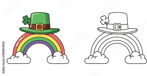 Green Leprechaun hat on rainbow with clouds vector. St. Patrick's Day icon. Colored and outline illustration for coloring book page.